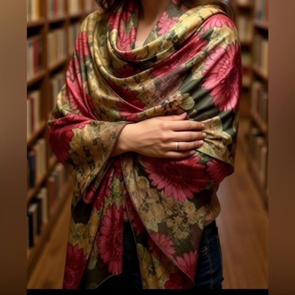Floral Sheer Scarf Shawl Wrap Light Weight w/ Pink Brown Flowers 60x12 in Silky
